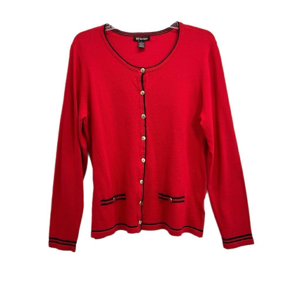 By Design Women Button Front Cardigan LARGE Red Black Trim Gold Buttons Career